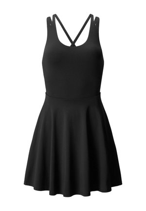 Schwarzes, ärmelloses Kleid mit tailliertem Oberteil, ausgestelltem Rock und gekreuzten, dünnen Schulterriemen am Rücken.