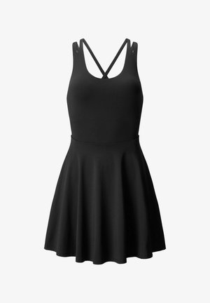 Schwarzes, ärmelloses Kleid mit tailliertem Oberteil, ausgestelltem Rock und gekreuzten, dünnen Schulterriemen am Rücken.