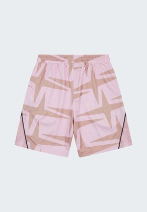 Pantalones cortos deportivos rosa y beige con un patrón abstracto de grandes estrellas y paneles de malla con ribete negro en los lados, cintura elástica.