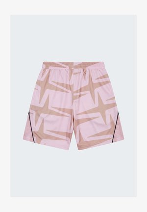 Pantalones cortos deportivos rosa y beige con un patrón abstracto de grandes estrellas y paneles de malla con ribete negro en los lados, cintura elástica.