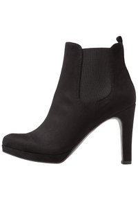 Czarne botki za kostkę z zamszowym wykończeniem, elastycznymi bocznymi panelami, spiczastym noskiem i wysokim obcasem typu szpilka. Posiadają małą pętelkę z tyłu.