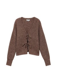 Cardigan marrone lavorato a maglia con scollo a V, maniche lunghe e chiusure anteriori a fiocco. La consistenza morbida e il motivo a costine creano un aspetto accogliente.