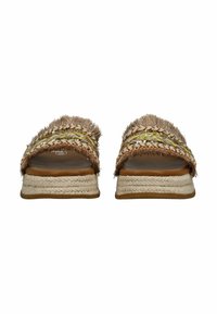 Sandali espadrilles intrecciati con tomaia frangiata marrone, dettagli intrecciati multicolori, texture morbida e suola a piattaforma avvolta in juta.