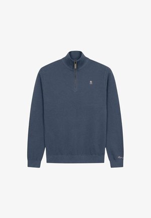Marineblauer Quarter-Zip Pullover mit einem gerippten Kragen und Bündchen, ausgestattet mit einem strukturierten Strick und einem kleinen Logo, das auf der Brust gestickt ist.