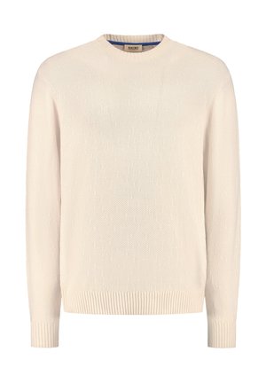 Crème-kleurige gebreide trui met een ronde halslijn, geribde manchetten en onderrand. Heeft een gestructureerd patroon over de gehele trui en een blauwe binnenlabel.