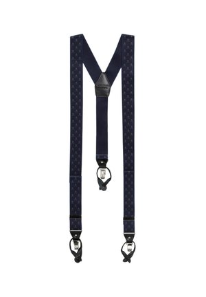 Tirantes azul marino en forma de Y con pequeños dibujos de calaveras, conector de cuero negro en la parte trasera y tres clips metálicos con lazos de tela.