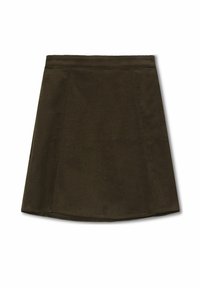 Dunkelgrüner Cord-A-Linien-Rock mit einer taillierten Taille, glatter Textur und subtilem vertikalem Rippmuster. Der Saum ist leicht gewellt.