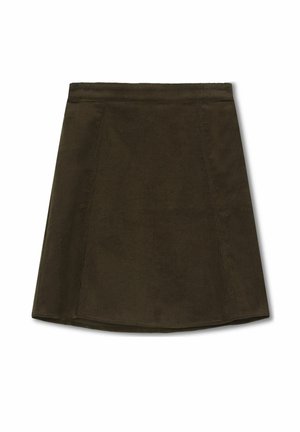 Donkergroen corduroy A-lijn rok met een getailleerde taille, een gladde textuur en een subtiel verticaal ribbelpatroon. De zoom is licht gebogen.