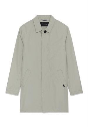 Lichtgrijze trenchcoat met enkele rij knopen, puntige kraag, verborgen knopen en twee schuin geplaatste voorzakken.