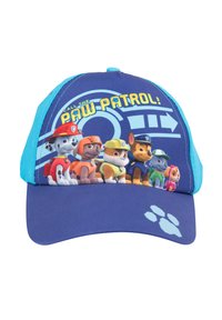 Cappello da baseball blu con una grafica colorata di Paw Patrol che presenta sei cani sul davanti e un accento a forma di impronta di zampa sulla visiera.