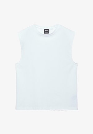 Top alb fără mâneci, cu guler rotund și tiv drept, cu o etichetă de marcă neagră pe partea interioară a gulerului din spate.