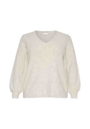 Pull en maille beige clair avec un décolleté en V, des manches ballon longues et de subtils éclats scintillants dans le tissu.