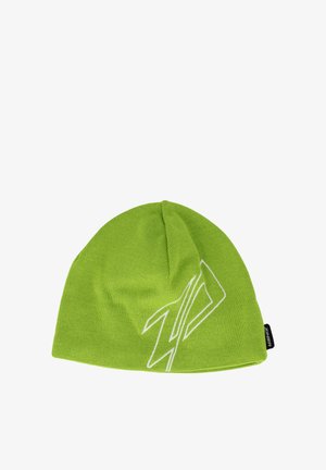 Bonnet tricoté vert avec des logos blancs. Présente une couronne sans couture et une étiquette en bas. Texture douce et ajustement extensible.