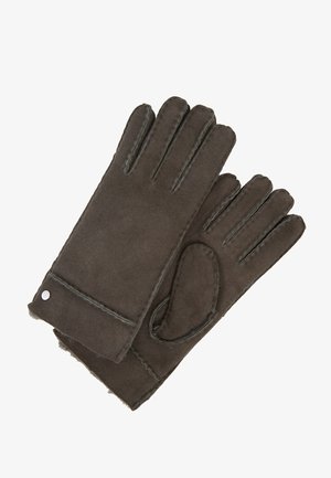 Brown suede gloves with stitched detailing, featuring five finger slots, a rounded cuff, and a small silver snap at the wrist.