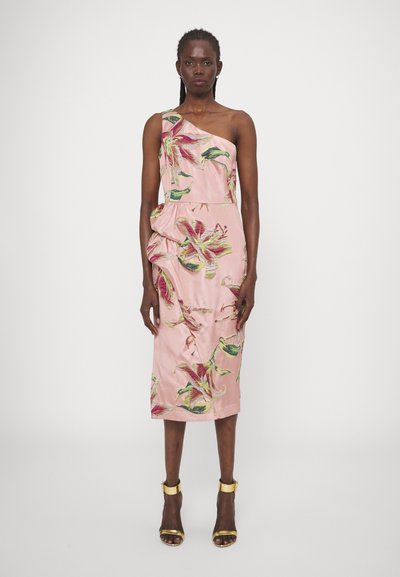 One-shoulder, pink satin dress with floral print, featuring ruffles on the side, knee-length cut, and worn with gold heeled sandals.