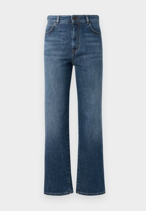 Denim jeans in dark blue, featuring a straight leg design, five-pocket styling, button closure, and subtle stitching details.