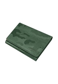 Portefeuille en camouflages verts en matériau synthétique texturé, avec un design à deux volets et un logo en relief à l'avant.