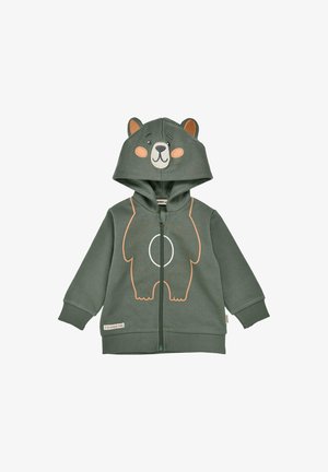 Felpa verde con zip caratterizzata da un design di un orso sul davanti, con accenti a forma di orecchie sul cappuccio e dettagli testurizzati per un effetto aggiuntivo.