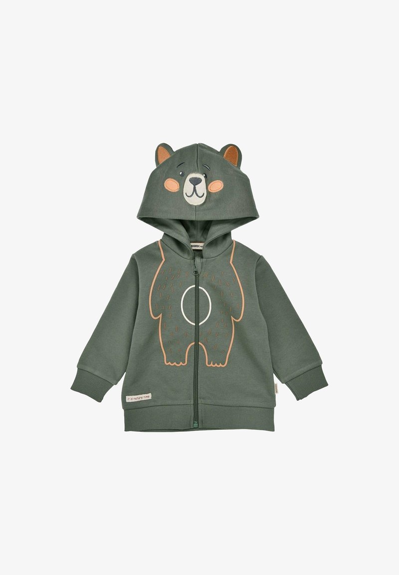 Sweat à capuche zippé vert avec un design d'ours sur le devant, accents en forme d'oreilles sur la capuche et des détails texturés pour un effet supplémentaire.