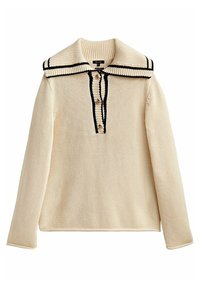 Pull crème avec un large col marin, détails en rayures noires, et quatre boutons sur le devant. Texture en tricot et manches longues.