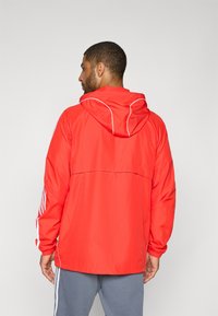 Muž otočený chrbtom, oblečený v červenej bunde s kapucňou s bielymi pásmi na rukávoch a sivých nohaviciach s bielymi bočnými pásmi.