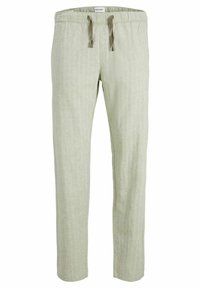 Ljusgröna linnebyxor med avslappnad passform, elastiskt midjeband och justerbart snöre. Slät textur och rak bendesign.