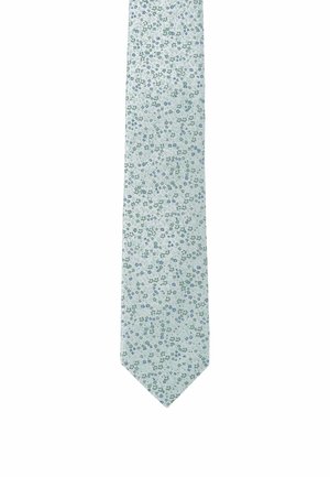 Light blue tie featuring a floral pattern in green and blue hues, made from a textured fabric, with a pointed tip.