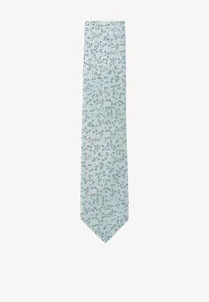 Light blue tie featuring a floral pattern in green and blue hues, made from a textured fabric, with a pointed tip.