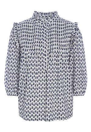 Blusa bianca con motivo paisley blu, colletto alto arricciato e dettagli arricciati sulle spalle. Maniche lunghe con polsini elasticizzati.