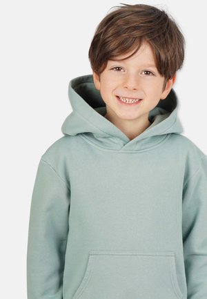Hellgrüner Hoodie aus weichem Baumwollstoff mit Kängurutasche, verfügt über eine große Kapuze und gerippte Bündchen. Glatte Textur, lässige Passform.