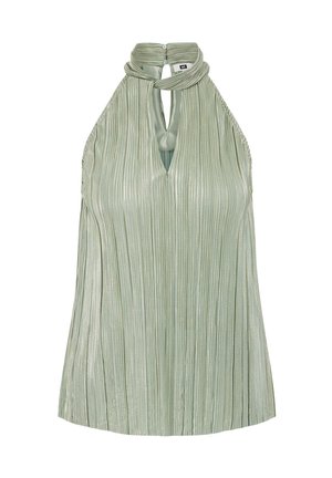 Haut sans manches plissé de couleur argenté-vert avec un col montant noué et une ouverture en forme de goutte à l'avant, fermé par des boutons dans le dos.