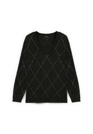 Pull noir avec un col en V, présentant un motif en losange et des accents argentés. Fabriqué en tissu doux, il a des manches longues et une coupe décontractée.
