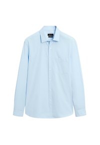 Camicia manica lunga azzurro chiaro con colletto classico, taschino frontale e chiusura a bottoni. Tessuto liscio con vestibilità standard.
