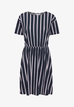 Kurzes Kleid in Marineblau mit weißen und rosa vertikalen Streifen, ausgestattet mit einem elastischen Bund und einem lockeren Schnitt. Baumwollmischgewebe.