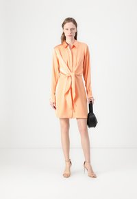 Robe chemise couleur pêche, tissu soyeux, manches longues, ceinturée à la taille, avec une texture lisse. Assortie à des sandales à talons nus et un sac noir.