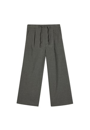 Grå brede bukser med snøre i taljen, to frontlommer og et tekstureret stof. Designet giver en løs og behagelig pasform.