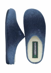 Navy blue felt slippers with a soft beige lining. Slip-on design, rounded toe, and black rubber sole; features spiral logo detail.