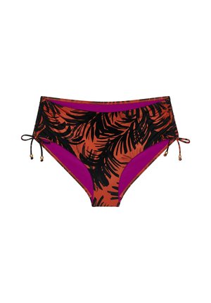 High-waisted bikini bottoms in orange with black tropical leaf patterns, purple lining, and adjustable side ties with gold beads.