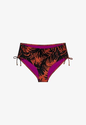 High waist bikinibroekje in oranje met zwarte tropische bladmotieven, paarse voering en verstelbare zijstrikjes met gouden kralen.