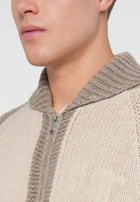 Close-up de uma pessoa vestindo um suéter de malha em beige e castanho claro, com fecho e colarinho canelado, e um "P" bordado no peito.