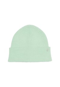 Mintgroene gebreide beanie met ribbeltextuur en een opgebouwde rand. Bevat een klein zilveren logoaccent aan de zijkant.