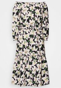 Blumenprint-Kleid mit schulterfreiem Design, schwarzem Hintergrund, weißen Lilien, elastischem Taillenbund undRüschensaum. Lange puffärmel.