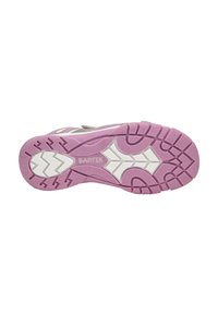 Fioletowa i biała podeszwa sportowych butów z teksturowaną gumową powierzchnią, z wzorem w zygzak oraz akcentami geometrycznymi.