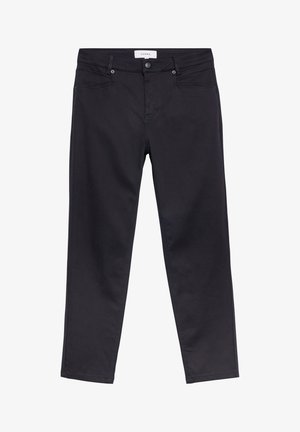 Pantaloni neri slim fit con chiusura frontale con bottoni e cerniera, passanti per cintura e tasche frontali, etichettati "COMMA", mostrati distesi su sfondo bianco.
