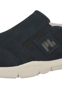 Donkerblauwe instap schoenen met een leren bovenkant met textuur, elastische zijpanelen en een lichtgekleurde rubberen zool. Bevat logo detail aan de zijkant.