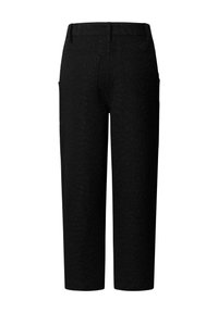 Zwarte, gestructureerde, rechte broek met achterzakken, riemlussen en een hoge taille.