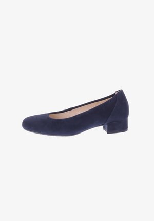 Donkerblauwe suède balletschoen met een ronde neus en lage blokhak, met een gladde afwerking en subtiele stiksels.