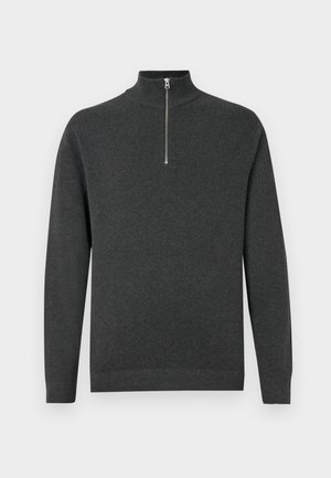 Grey, long-sleeve pullover made of soft fabric, featuring a high collar with a quarter zip and a plain texture. No patterns or accents.