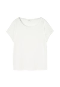 T-shirt blanc à manches courtes avec un col rond, fabriqué dans un tissu doux. Présente des épaules tombantes et une coupe décontractée.