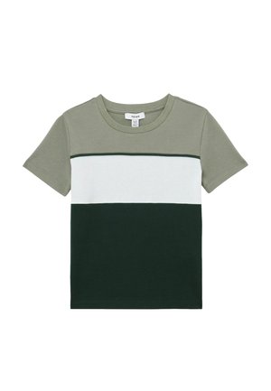 Koszulka z krótkim rękawem i okrągłym dekoltem. Posiada poziome paski w kolorach oliwkowej zieleni, białym i ciemnozielonym. Wykonana z miękkiego bawełnianego materiału.
